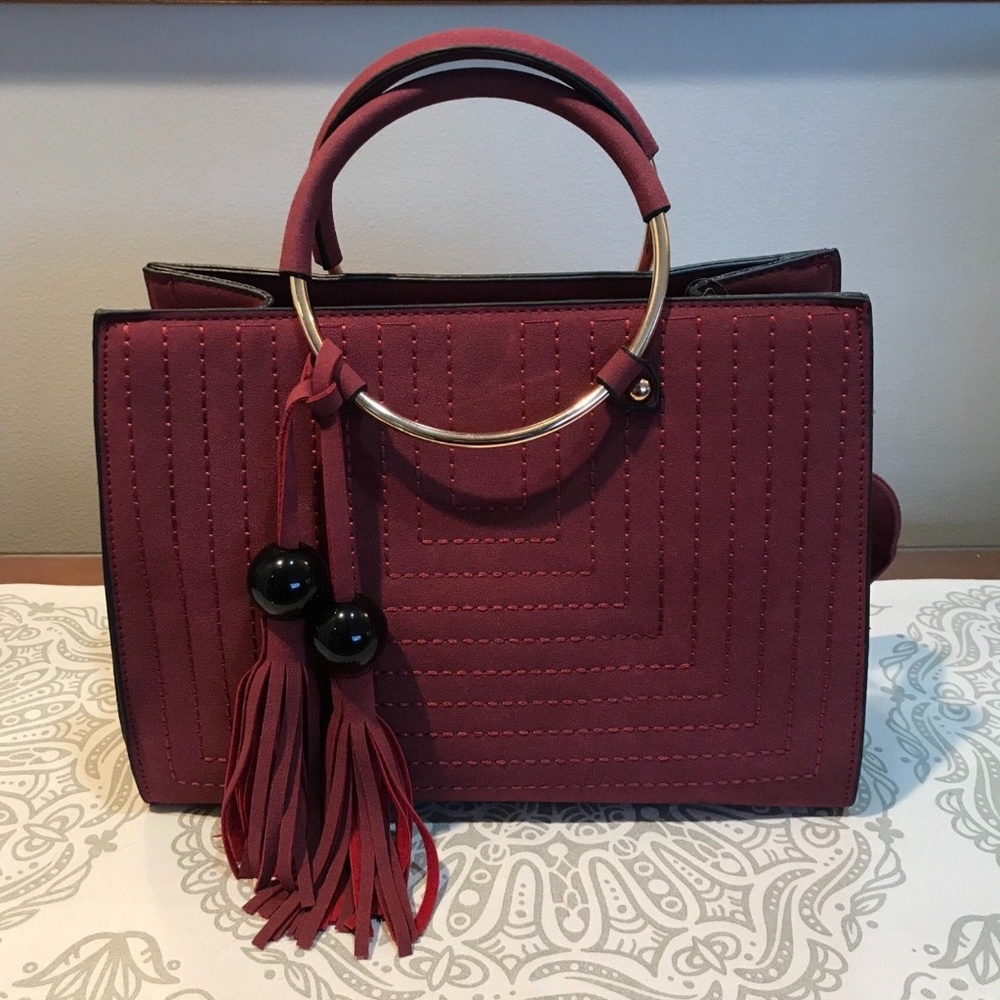 NEW Crossbody or Satchel Handbag Vegan Suede Maroon
